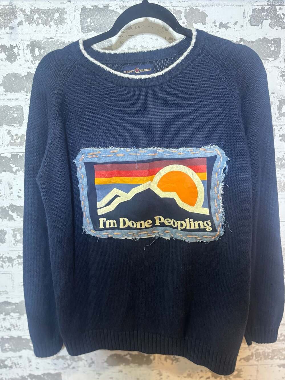 Upcycled Tommy Hilfiger I'm Done Peopling Sweater L Blue Mountain Graphic